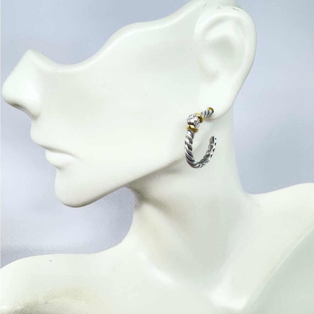 David Yurman Petite Diamond Ball Semi Hoop Earrings .925 / 18K Gold - Picture 9 of 11